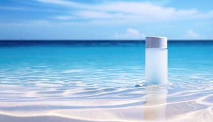Summer Skin Saviour Ointment Bottle Embraced by Cool Water at a Serene Beach - obrazy, fototapety, plakaty