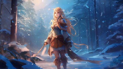 Fantasy fighting woman assassin warrior in forest - obrazy, fototapety, plakaty