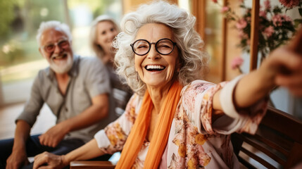 Portrait group of senior laughing happy on a meeting with friends