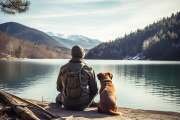 Rear view of man traveler and his dog looking at mountain lake on sunny day