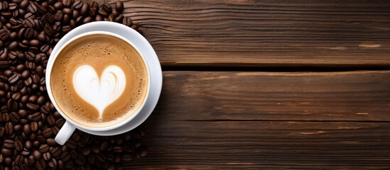 Coffee latte with heart and coffee beans on rustic wooden background