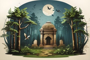 Pine forest jungle with some bird flying around only one tomb stone logo vintage