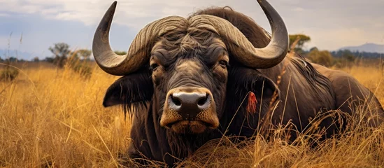Photo sur Plexiglas Parc national du Cap Le Grand, Australie occidentale African buffalo is a large bovine found in Sub Saharan Africa captured in a front view portrait on the grass of Masai Mara in Kenya