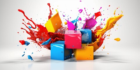 Fototapeta na wymiar 3D and Colorful Cube with Paint Blast Isolated on White Background