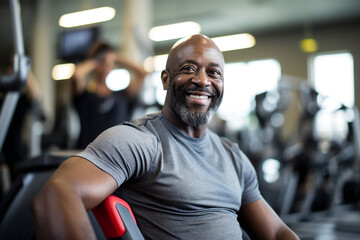 ripped older poc bald man with beard smiling in gym candid portrait