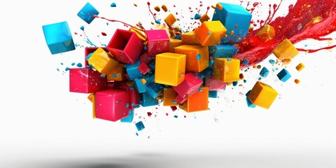 3D and Colorful Cube with Paint Blast Isolated on White Background