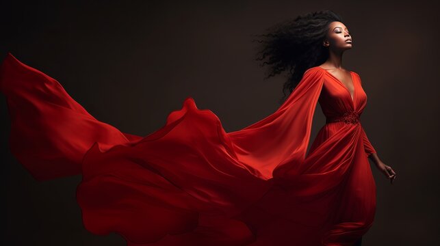 African woman dancing in a silk dress. Model with Black Afro Hair and Dark Skin Wearing Long Evening Red Gown with Flying Fabric on Gray Background