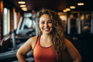 short woman with curly brunette hair smiling in gym portrait - obrazy, fototapety, plakaty
