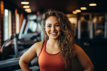 Papier Peint photo autocollant Fitness short woman with curly brunette hair smiling in gym portrait