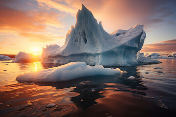 dramatic photo of a massive iceberg melting under the sun's heat, drawing attention to the urgency of addressing climate change and its impact on glaciers - obrazy, fototapety, plakaty