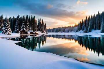 Obraz premium As the winter day draws to a close, the setting sun casts reflections on the tranquil lakeside scene.