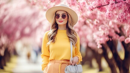 Posing in the street next to pink spring blossom trees is a cheerful smiling woman sporting a trendy straw hat, a yellow satin blouse, blue bottoms, cat-eye sunglasses, and a wicker bag.