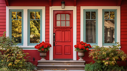 Fototapeta na wymiar A front entrance of a home with a red door at day light