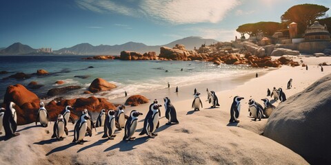 Penguin Colony on the Beach with Beautiful landscape View