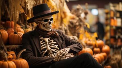 A skeleton dressed in a seasonal clothes around a pumpkins, ushering in the spirit of halloween