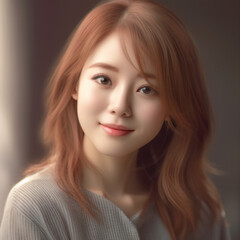 Fototapeta premium [salon kei],a girl with soft light brown hair is photograph, in the style of realistic hyper-detailed photograph [background city weather fine autumn],natural makeup,[hyper-realistic skin texture]