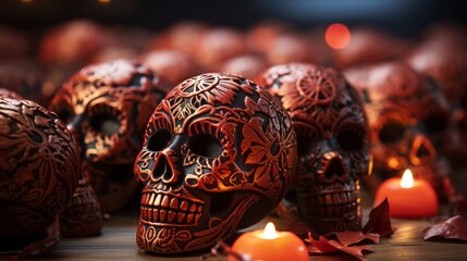 A hauntingly beautiful halloween scene of a collection of skulls illuminated by a single flickering candle, a macabre reminder of the fragility of life