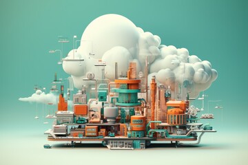 Digital Skyline A Cloud Computing Illustration Adorned with Various Objects - obrazy, fototapety, plakaty