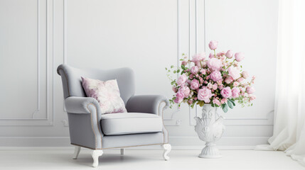 A gray armchair stands in a bright white room decoration