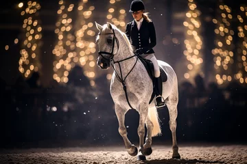 Fotobehang unique over-the-shoulder photo of a rider as they guide their horse through an intricate dressage routine, highlighting their precision and communication © forenna
