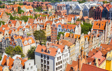 Aerial view over historic houses and rooftops in Gdansk, Poland