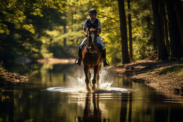 photo capturing the reflection of a rider and horse in a still water obstacle during a cross-country event