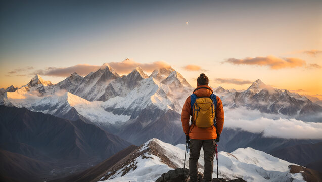 rear view of a mountaineer looking at the high snowy peaks of the Himalayas,sunset,full colors,golden hour