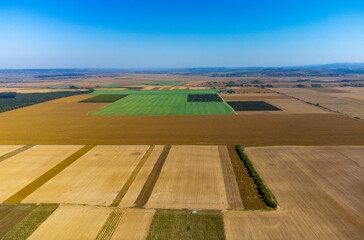 Aerial view of many cultivated lands with different crops in the field
