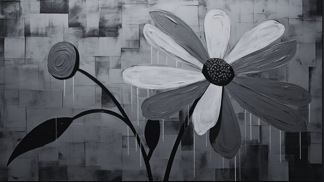 Black and white floral painting with space for text. Lonely flower with canvas painting texture