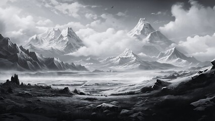 Obraz premium A serene monochrome landscape with mountains, ocean, sky, and river. A breathtaking monochrome landscape of nature and the ocean's horizon.