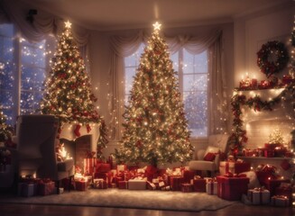 Fototapeta na wymiar Beautiful Christmas room interior with decorated Christmas tree, gifts, lights and fireplace