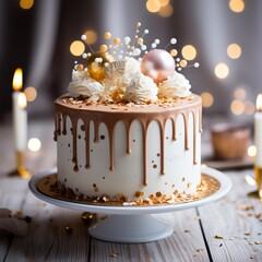 Birthday cake with gold happy birthday banner. Made with generative ai.