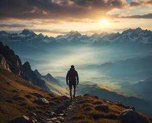 Fototapeta premium Man hiker silhouette standing on top of the mountains enjoys the beautiful view of nature at sunset
