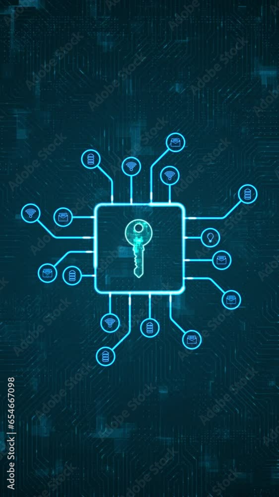 Poster motion graphic of blue digital security key logo and hud technology circuit board with ai icon and d