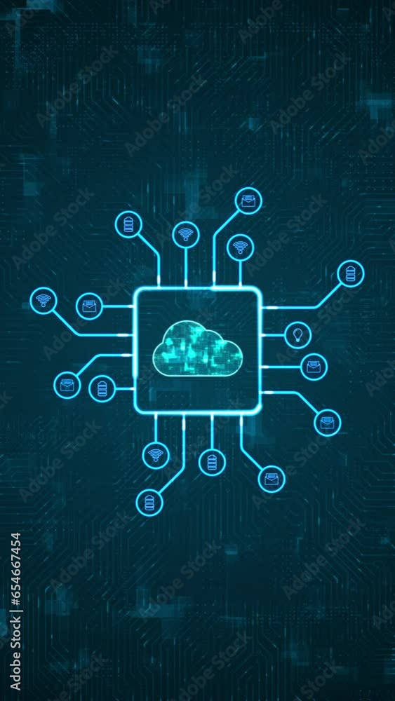 Poster motion graphic of blue digital cloud computing logo and hud technology circuit board with technology