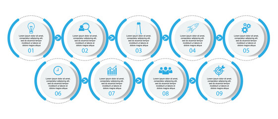 Fototapeta premium Business Infographic Design Template. minimal Timeline design with 9 steps, options and marketing icons. Vector linear infographic with nine circle connected elements. Can be used for your presentatio