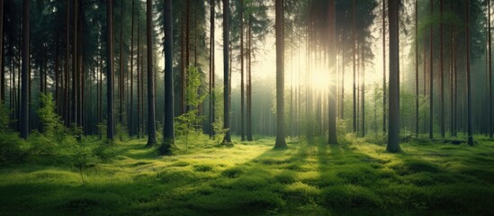 Green sunlight filters through the woods home to natures trees
