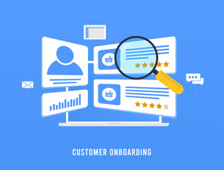 Customer onboarding process concept. User profile segmentation, client relationship, customer management concept. User onboarding vector illustration isolated on blue background