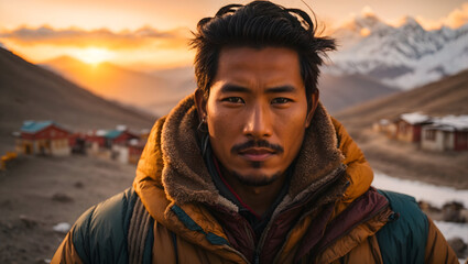 portrait of a Sherpa in Tibet at the high snowy peaks