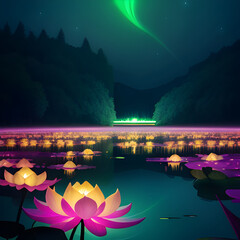 Lotus flowers bloom in a lake and color the environment