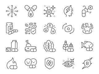 Vitamin B icon set. It included energy boosts, benefits, cells, mood, immune system, and more icons. Editable Vector Stroke.