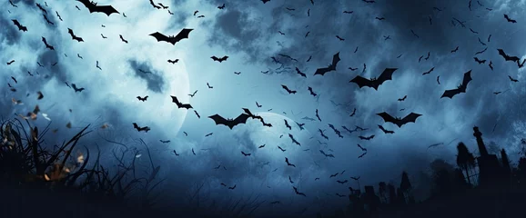 Fotobehang Spooky halloween sky background with bats and full moon background. © Virtual Art Studio