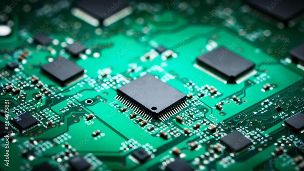 Poster electrical wizardry: the microchip's intricate pathways on the verdant board.