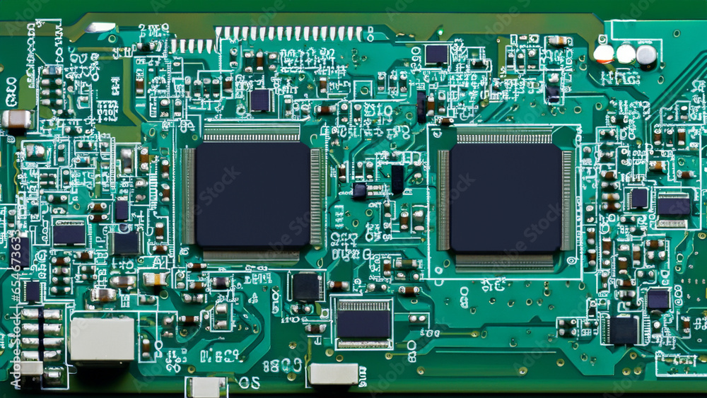 Poster precision engineering: a microchip nestled within a sea of green circuitry.