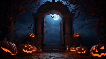 Halloween holiday concept. Banner with pumpkin head jack lanterns, candles, bats in dark mystery forest. Invitation to party. Copyspace