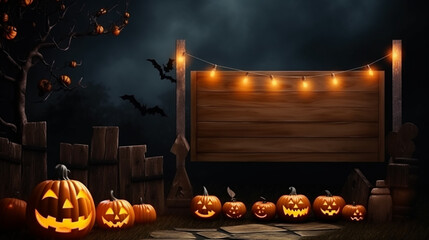Wooden billboard for invitation to Halloween party. Banner with pumpkin head jack lanterns, candles, bats in dark mystery forest. Invitation to party. Copy space for text.