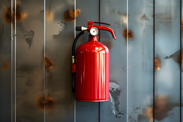 Close up of red fire extinguisher on metal wall in industrial place. - obrazy, fototapety, plakaty