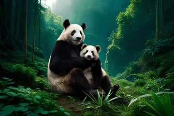 Photo sur Plexiglas Mont Cradle a mother Panda cradling her adorable cub in a lush, misty mountain habitat