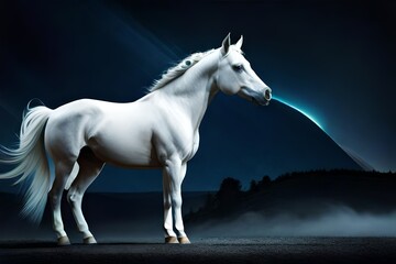 A striking white horse with piercing blue eyes, set against a dark, starry night.