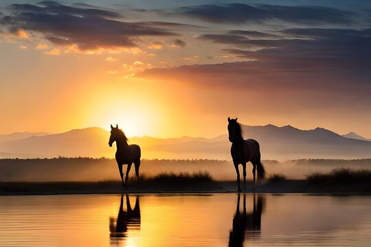 A pair of horses at dawn, their silhouettes illuminated by the first light of day.